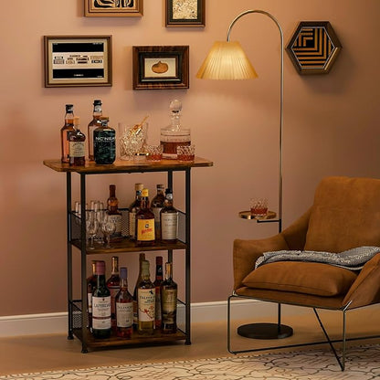 Floor Standing Freestanding Whiskey Rack: 3 Tier Wine Rack Mini Bar Table Corner Wine Bottle Display Stand Liquor Cabinet Bar, for Bottles,Cocktail Shaker,Mugs
