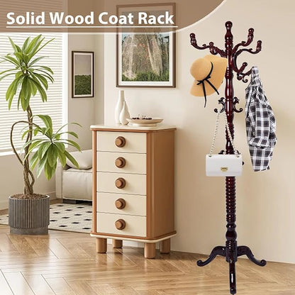 Solid Wooden Coat Rack Stand, Coat Racks Freestanding with 14 Hooks, Natural Birch Wood Coat stands with Sturdy Triangle Base, Coat Hanger Standing for Entryway Bedroom Office (Redwood triangle)