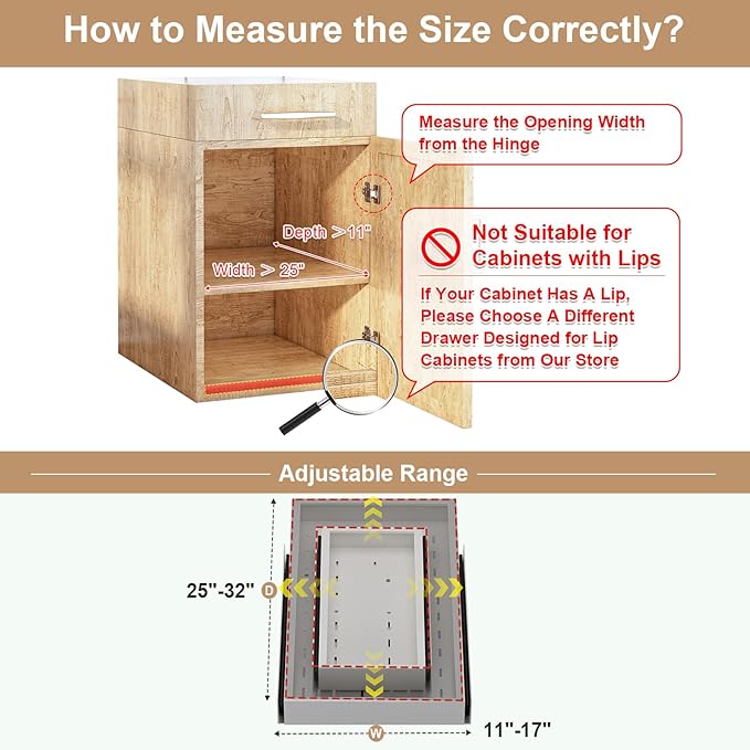 Pull out Cabinet Organizer,Width (11"-17") and Depth (25"-32") Expandable With 3 Rails,No Drill Adjustable Slide out Drawers for Kitchen,Pantry,Adhesive Roll out Shelves,for Cabinets Without Lip,White