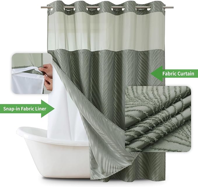 no Hook Shower Curtain and Liner Set，Boho Style with See Through Top Window, SageGreen Fabric Tufted Striped Textured Outer Curtain & Waterproof Inner Liner, SageGreen, 71Wx74H
