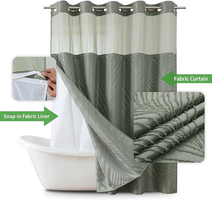 no Hook Shower Curtain and Liner Set，Boho Style with See Through Top Window, SageGreen Fabric Tufted Striped Textured Outer Curtain & Waterproof Inner Liner, SageGreen, 71Wx74H