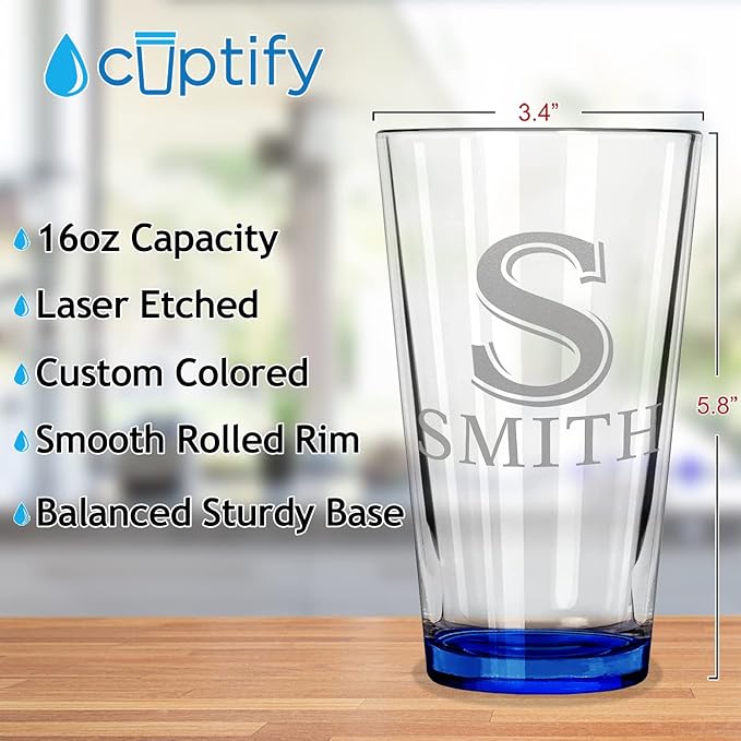 Personalized Beer Glasses Set of 12 Engraved Blue 16oz Pint Glasses for Men & Women, Custom Drinking Gift for Birthdays, Weddings, Father’s Day & More