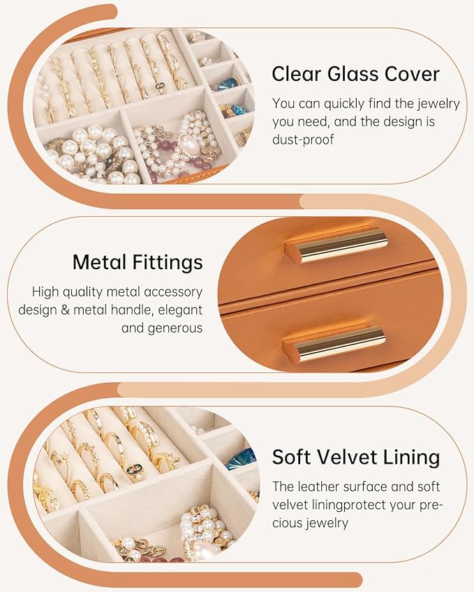 AKOZLIN Jewelry Box with Clear Lid Functional Leather Jewelry Storage Organizer Case 4 Drawers for Women Girls Necklace Ring Bracelet Earring Orange