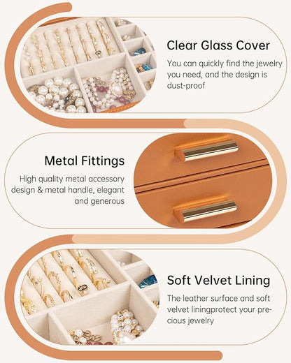 AKOZLIN Jewelry Box with Clear Lid Functional Leather Jewelry Storage Organizer Case 4 Drawers for Women Girls Necklace Ring Bracelet Earring Orange