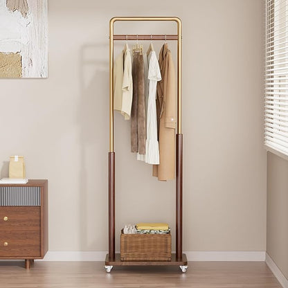 Clothes Rack Solid Wood Coat Rack, Metal and Solid Wood Combination Clothing Rack with Wheels for Entryway, Bedroom, Living Room, Coat Racks Freestanding for Hanging Clothes Garment Scarf