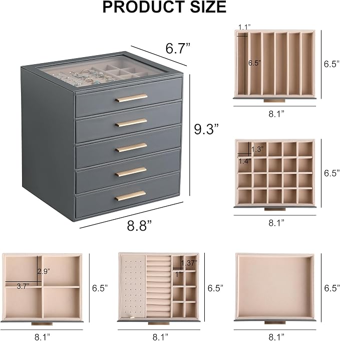Frebeauty Clear Lid Jewelry Box,5-Layer Jewelry Organizer with Drawer,PU Leather Jewelry Organizers and Storage,Jewelry Boxes for Women,Jewelry Storage for Rings Earring Stud,Gift for Women(Grey)
