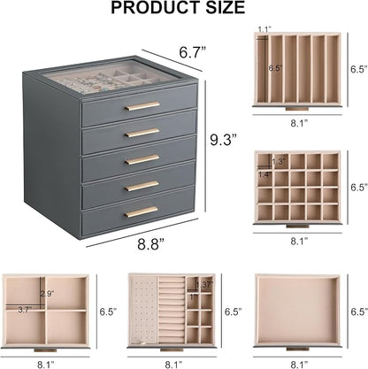Frebeauty Clear Lid Jewelry Box,5-Layer Jewelry Organizer with Drawer,PU Leather Jewelry Organizers and Storage,Jewelry Boxes for Women,Jewelry Storage for Rings Earring Stud,Gift for Women(Grey)