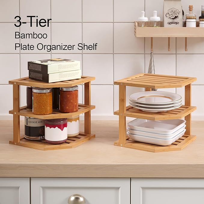 3 Tier Bamboo Corner Shelf(4 Pack),Dish Drying Rack,Plate Organizer,Kitchen Spice Rack for Countertop and Cabinet
