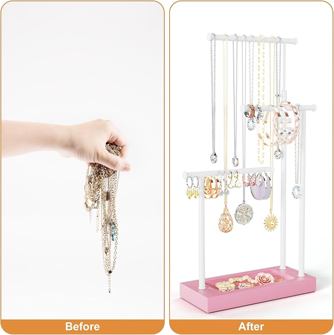 SRIWATANA Jewelry Organizer Stand, Extra Tall Necklace Holder Jewelry Holder, Gift Idea (Pink & White)