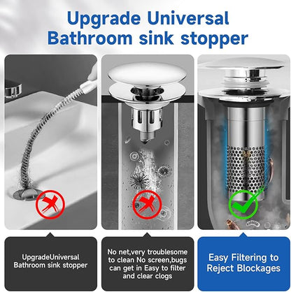 Universal Bathroom Sink Stopper Hair Catcher, Pop-up Sink Drain Strainer with Removable Stainless Steel Strainer Basket, Bathroom Sink Strainer for Bathroom Sink Stopper Replacement (2pack)