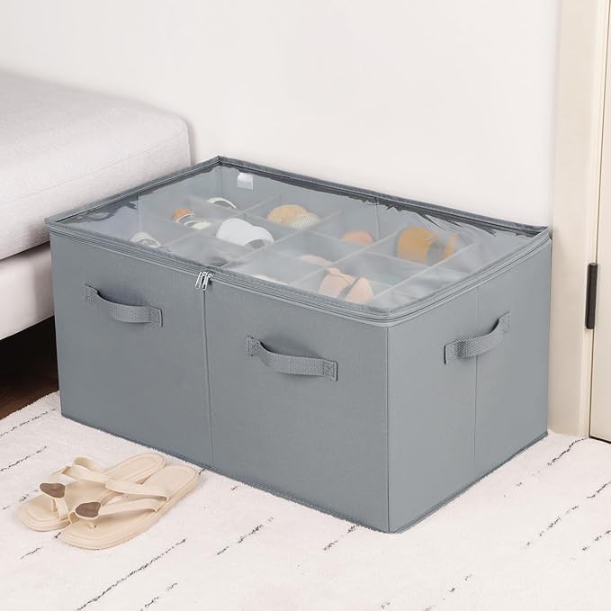 TOPIA HOME Shoe Organizer for Closet 2 Pack, Foldable Shoe Box with Adjustable Dividers and Clear Cover, Space Saving Shoe Storage Organizer Cabinet with Reinforced Handles, Fits 40 Pairs, Gray, TP11G