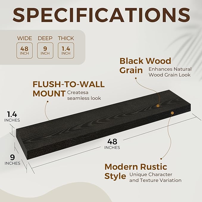 Dreamland 48 inch Floating Shelves for Wall Large Wall Mounted Shelves with Invisible Brackets, Black Long Shelves for Bathroom, Living Room, Kitchen, Office, 48x9.1 inch deep Set of 2