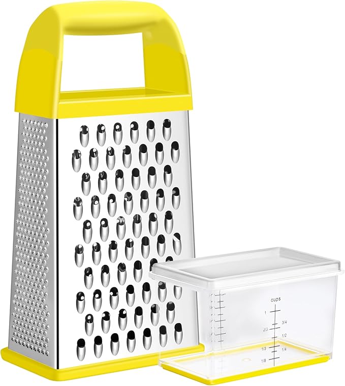 Urbanstrive Cheese Grater With Container, Professional Cheese Grater with Handle, Stainless Steel Graters for Kitchen Handheld, Box Grater with 4 Sides for Vegetables, Ginger, Potatoes (Yellow)