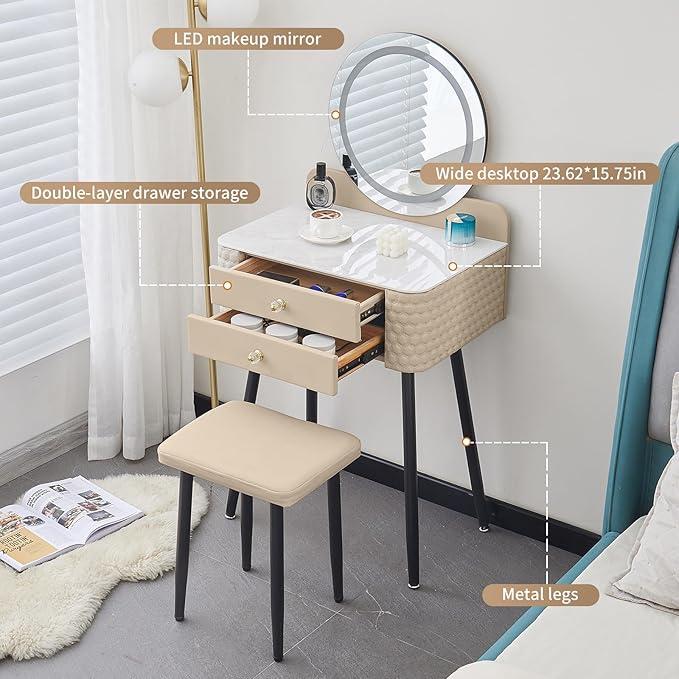 Makeup Vanity with Round Mirror,Light,Two Drawers,Cushioned Stool Set.Small Dressing Table for bedrooms and Dressing Rooms.Beige-Gray