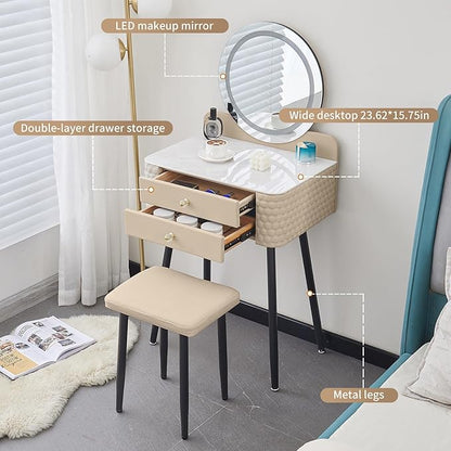 Makeup Vanity with Round Mirror,Light,Two Drawers,Cushioned Stool Set.Small Dressing Table for bedrooms and Dressing Rooms.Beige-Gray