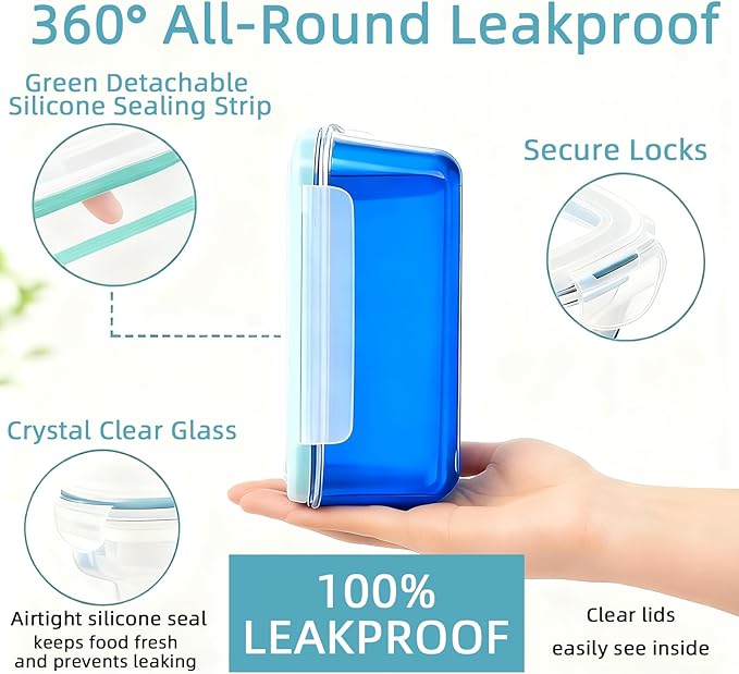 8 Pack Glass Food Storage Containers with Airtight Lids, Glass Sets with Lids, Meal Prep Containers for Microwave, Oven, Freezer and Dishwasher