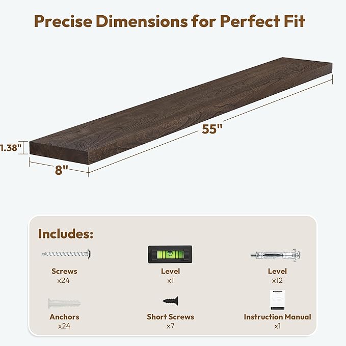 Vivelove Elm Wood Floating Shelves, Wooden Shelves For Wall With Invisible Bracket For Living Room Bedroom Bathroom Office Book, Rustic Farmhouse Decor Storage & Display, 55 Inch Set Of 1- Dark Walnut