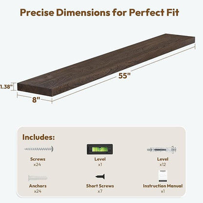 Vivelove Elm Wood Floating Shelves, Wooden Shelves For Wall With Invisible Bracket For Living Room Bedroom Bathroom Office Book, Rustic Farmhouse Decor Storage & Display, 55 Inch Set Of 1- Dark Walnut