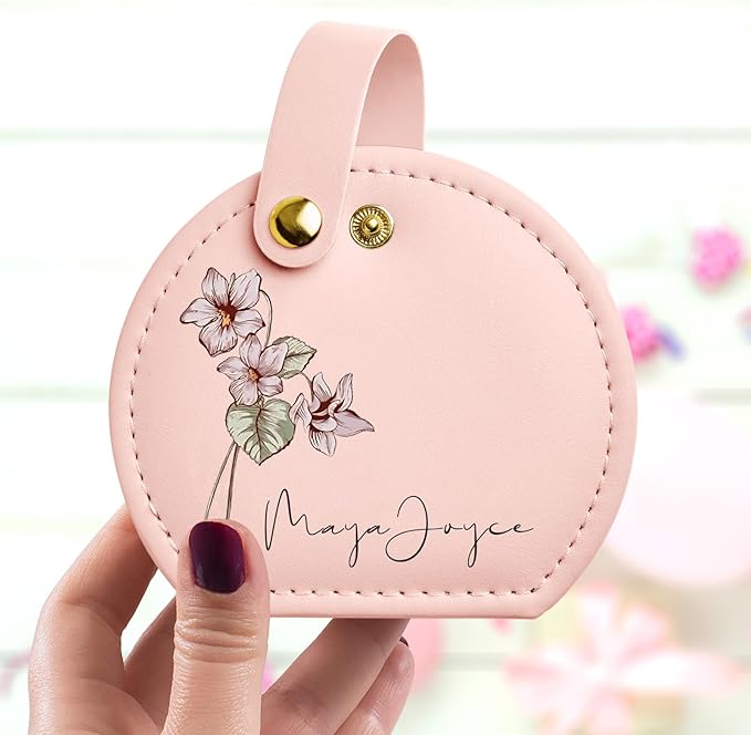 Personalized Leather Travel Jewelry Box with Name and Birth Flower for Women Gifts Custom Small Travel Jewelry Organizer Case Bridesmaid Proposal Gifts, Personalized Gifts for Women (Birth Flower)