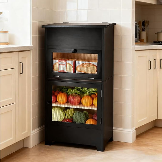 Large Potato and Onion Storage Bin - Wooden Stackable Bread Storage Box with Lid & Mesh Doors, Decorative Fruit and Vegetable Organization Cabinet for Kitchen, 15.75"W x 10.7"D x 33.5"H (Black)