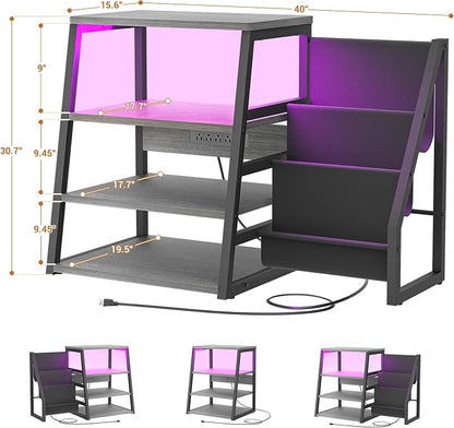AV Media Stand with Outlets, Stereo Stands and Racks with Vinyl Storage, Stereo Stand with Record Storage, Audio Stereo Rack Cabinet, Turntable Console Stand with LED lights, 4 Tiers, Walnut Grey