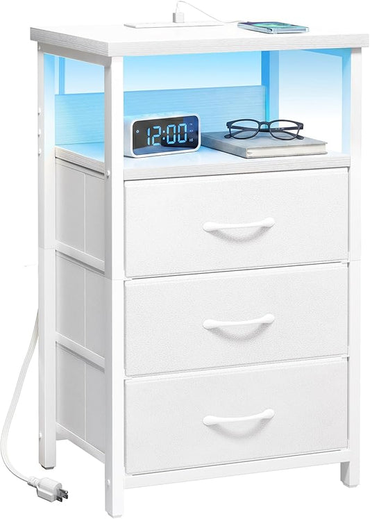 Fixwal White Nightstand with Charging Station, LED Night Stand with 3 Fabric Drawers and Open Shelf, Bedside End Table in Bedroom