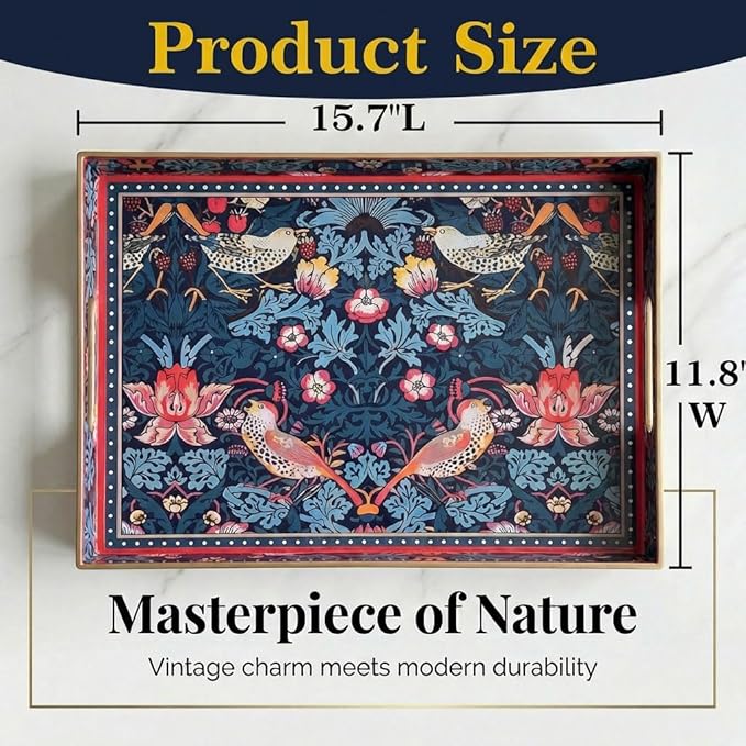 Decorative Tray, Marbling Plastic Tray with Handles, Rectangular Vanity Tray and Serving Tray for Bathroom, Kitchen, Ottoman and Coffee Table (Blue Flower Bird, 15.7 x 11.8 Inch)