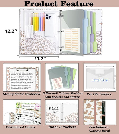 3 Ring Binder 1 Inch for 8.5"x11" Paper, Three Ring Binders with Clipboard, 5 Dividers with Tabs and Pockets, Transparent Folder, 18 Divider Stikers, BVSSX Decorative Binder with Pen Holder,Leopard