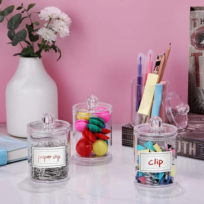 4 Pack Acrylic Qtip Holder Dispenser for Cotton Swabs, Balls, Pads, Floss Picks- Small Clear Acrylic Canister Apothecary Jar Set, Bathroom Essentials Accessories Decor, Vanity Makeup Storage Organizer
