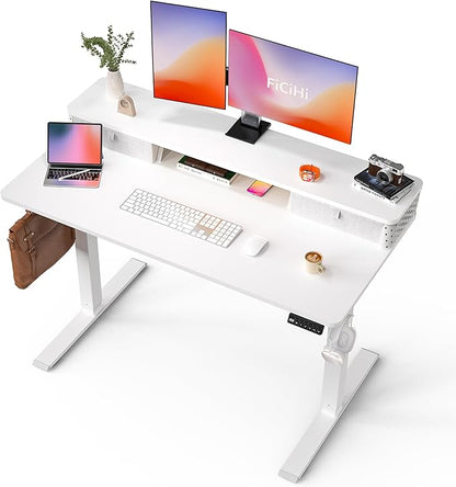 FiCiHi Standing Desk with Drawers, C-Clamp Mount Compatible, 48x24 Inch Electric Adjustable Height Computer Stand Up Desks, Home Office Sit Stand Table with 3 Preset Heights & 2 Hooks, White