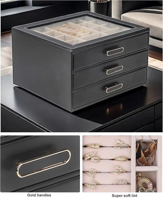 3 Layer Jewelry Organizer Box with Glass Lids & 3 Drawers - Elegant Storage Solution for Necklace, Rings，Earrings, and Bracelets - Perfect for Women ASK-301 (Black)