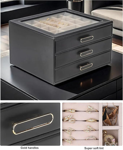 3 Layer Jewelry Organizer Box with Glass Lids & 3 Drawers - Elegant Storage Solution for Necklace, Rings，Earrings, and Bracelets - Perfect for Women ASK-301 (Black)