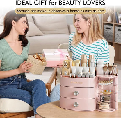 Makeup Organizer Countertop with Drawers, Make up Organizers for Vanity, Skincare Jewelry Earring Organizers, Cosmetic Display Cases Makeup Storage for Bedroom & Bathroom, Ideal Gifts for Women(Pink)