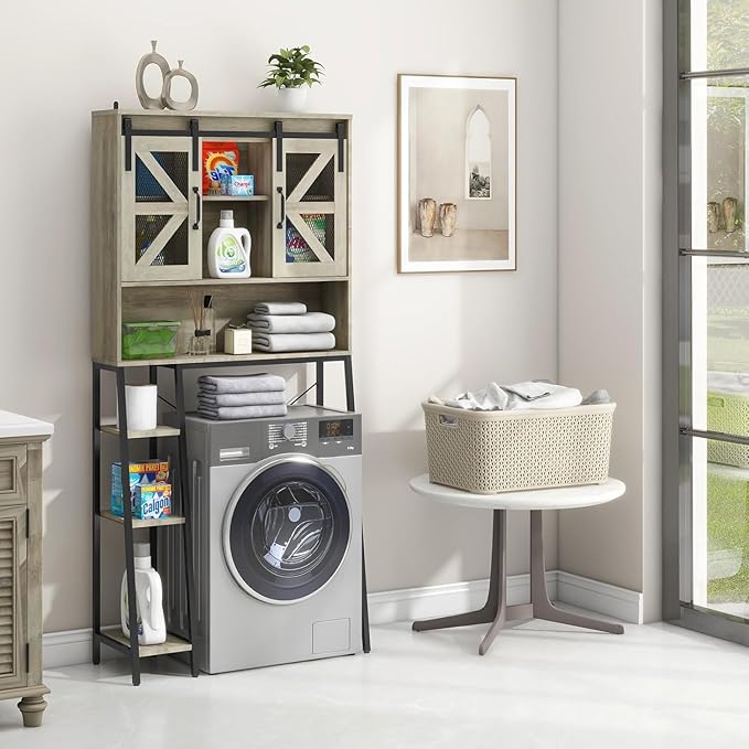 Vabches Over The Toilet Storage Cabinet, Farmhouse Storage Cabinet Over Toilet with Sliding Barn Door，Home Space-Saving Toilet Rack, for Bathroom, Restroom, Laundry(Grey).