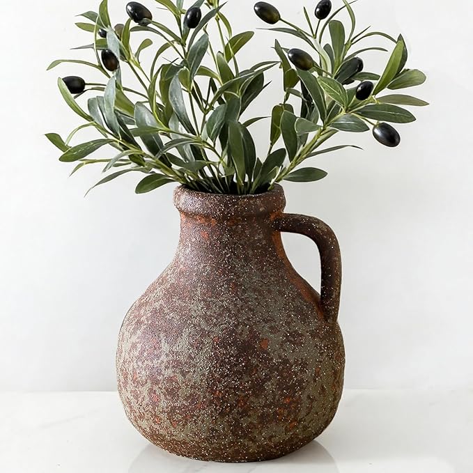 Ceramic Flower Rustic Vase, 7.1 Inch Farmhouse Rusty Vases for Home Decor Handcrafted Pottery Vase Small Terracotta Vases for Dining Table Decor Fireplace Living Room Bathroom Wedding Centerpiece