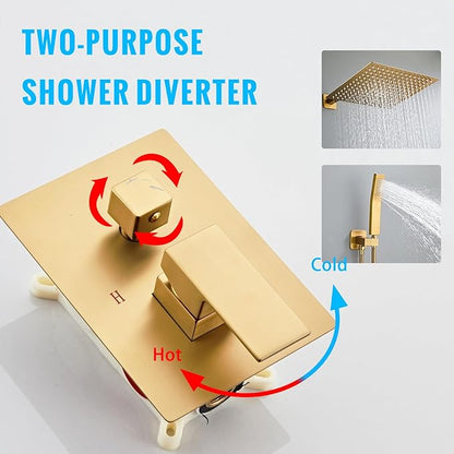 SaniteModar Shower Head, 10 Inch Bathroom Shower System, Multi-function Rainfall Square Shower Head, Wall Mounted Shower System Shower Head Trim Kit, Brushed Gold