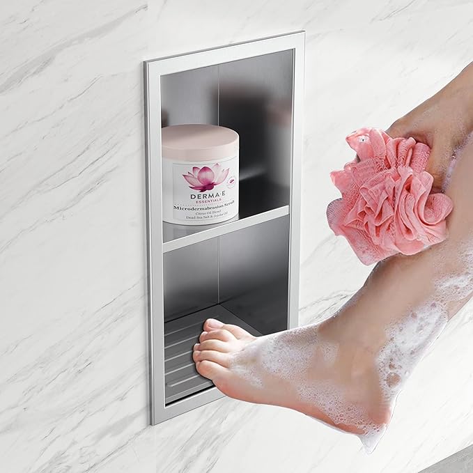 Qeke Shower Foot Rest for Shaving Legs, 304 Stainless Steel Footrest Niche With Holder, Recessed Shower Niche, Brushed Nickel, 5.9" X 12.3"