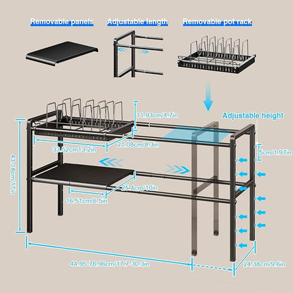 Mustorn Pots and Pans Organizer Under Cabinet, Expandable 2 Tier Under Sink Organizers and Storage Adjustable Height Kitchen Pot and Pan Lid Holder Rack with 6 Dividers(6panels,1 Pot rack, Black)