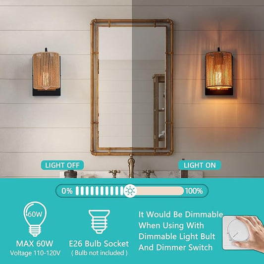 Boho Rattan Wall Sconces Set of Two, Farmhouse Wall Light Fixtures Lighting with Hand Woven Hemp Rope Shade Bedside Wicker Wall Lamp, Wall Mount Light Fixture for Bedroom Living Room Bathroom Stairway