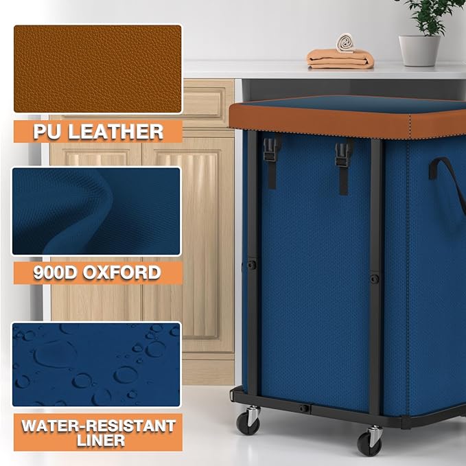150L (40 Gal) Fashion Laundry Basket with Wheels, Leather Patchwork Rolling Hamper Carts, Sturdy Metal Frame, Removable Washable Bag, Tall Clothes Sorter for Bedroom, Laundry Room - Navy Blue