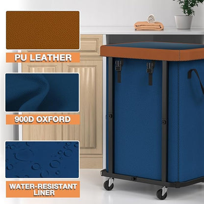 150L (40 Gal) Fashion Laundry Basket with Wheels, Leather Patchwork Rolling Hamper Carts, Sturdy Metal Frame, Removable Washable Bag, Tall Clothes Sorter for Bedroom, Laundry Room - Navy Blue