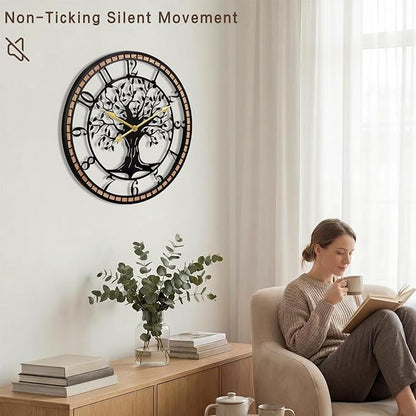 Axioglo Wall Clock,24" Large Wall Clock for Living Room Decor,Tree of Life and Wooden Frame Design,Non-Ticking Battery Operated,for Dining Room,Bedroom,Kitchen,Office Arabic Decoration