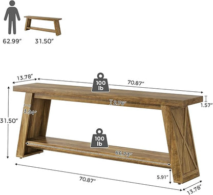 70.87-Inch Console Table for Entyrway, Extra Long Sofa Table Behind Couch, Farmhouse 2-Tier Entry Table for Hallway, Foyer, Oak Color