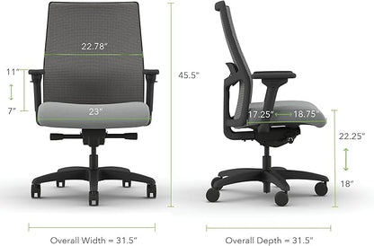 HON Ignition 2.0 Big and Tall Office Chair, 450lbs Weight Capacity, Extra Wide Seat, Tilt Recline, Swivel Wheels, Heavy Duty Office Chair, Comfortable for Long Hours, Black Frame, Ash