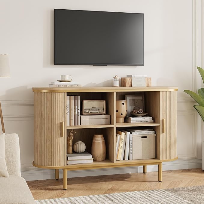 QUW Console Table with Sliding Tambour Doors, 47" TV Stand with Storage & Adjustable Open Shelves for TVs up to 55", Modern Entryway Table for Living Room, Foyer, Hallway, Natural Oak