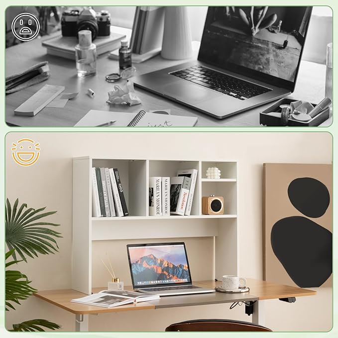 Desk Hutch, Desktop Shelf with 4 Shelves, Desk Bookshelf w/Anti-Toppling Devices, Wood Table Top Bookshelf Organizer, Small Desk Shelf for Study, Office, Dorm (White, 4 Shelves)