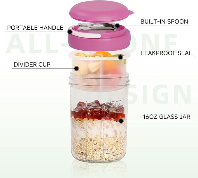 Overnight Oats Containers with Handles & Lids – 16oz Glass Mason Jars with Spoons & Fruit Compartments, Meal Prep Breakfast Jars, 2 Sets (Cream, Purple)