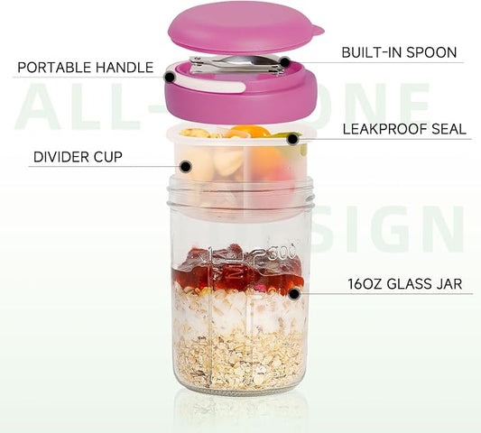 Overnight Oats Containers with Handles & Lids – 16oz Glass Mason Jars with Spoons & Fruit Compartments, Chia Pudding Jars with Lids, 4 Sets (Cream, Dark Blue, Purple, Green)