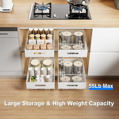 MUSTORN 2 Pack Pull Out Cabinet Organizer, Slide Out Cabinet Drawers Peel and Stick Pull Out Drawers Heavy Duty Pull Out Shelf for Kitchen, Cupboard, Pantry, Bathroom (16.5" D*11.8" W*3.94" H-White)