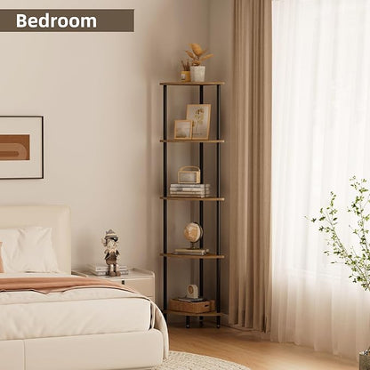 QLSPTFTS 5 Tier Corner Shelf, Bookcase for Small Spaces, Corner Display Shelf, Plant Stand, Rustic Brown and Black,Suitable for Bedroom,Living Room,Kitchen